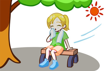 日陰で休む金髪の女の子