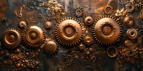 surreal industrial relief art, abstract metallic design with steampunk gears