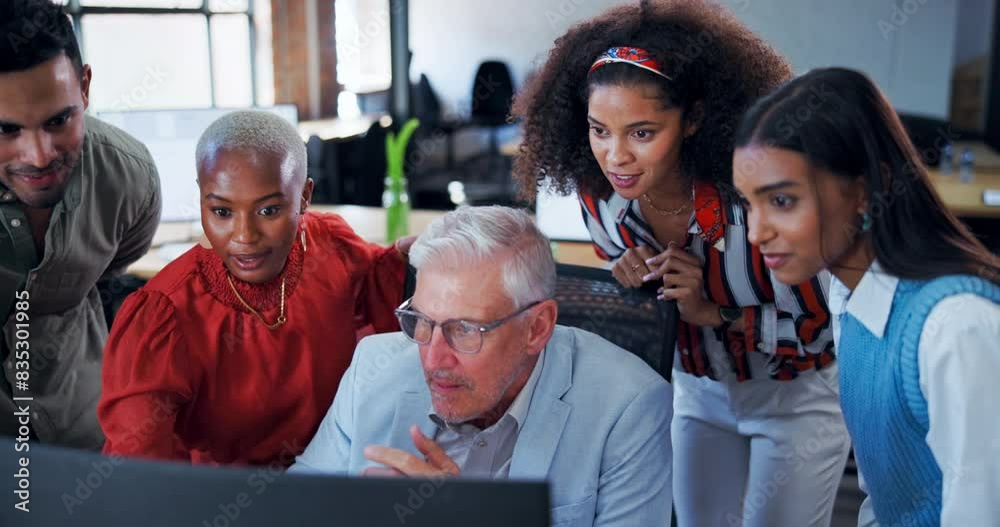 Poster laptop, teamwork and business people waiting for news for client email, feedback and notification. c