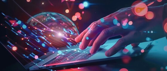 Modern Technology Concept: Laptop, hands and hologram for global network or social media connectivity