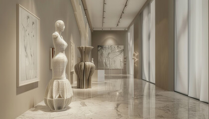 Contemporary Avant Art Gallery mockup showcasing modern 3D printed fashion in a tech-forward, elegant environment, merging innovative design and haute couture,
