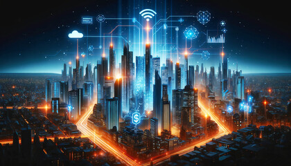 Futuristic Suburban Connectivity: Vibrant Nighttime Scene with 5G and Cloud Technology