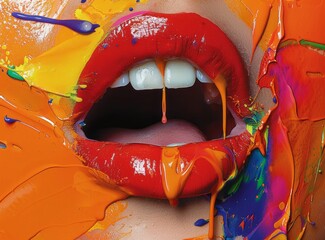 A close-up of red lips, possibly a detail for a mask or face paint used in a colorful Asian festival