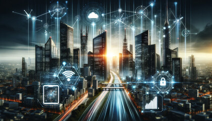 Nighttime Futuristic Smart City: Orange and Blue Illuminations, 5G, and Cloud Technology