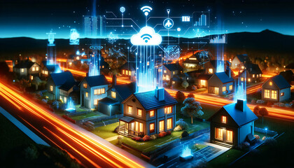 Futuristic Suburban Connectivity: Vibrant Nighttime Scene with 5G and Cloud Technology