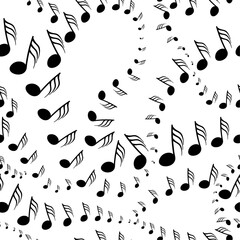 Seamless music note symbols graduating in size in spiral movements over white backdrop arranged in vector pattern.  Monochrome surface design for printing or use in graphic design.