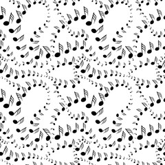 Seamless music note symbols graduating in size in spiral movements over white backdrop arranged in pattern.  Monochrome surface design for printing or use in graphic design.