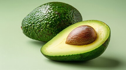 Bright green avocado half on a light green background, highlighting its smooth and creamy interior. Perfect for food photography and healthy eating themes