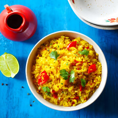Spanish rice, speckled with red tomato and green bell pepper, garnished with cilantro
