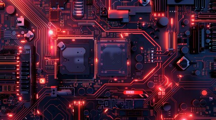 Fototapeta premium Modern Technology Concept: Motherboard integrated circuit and tech icons illustration. Futuristic background