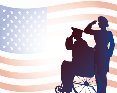 Senior veteran in wheelchair and female veteran saluting American flag background. Silhouette design honoring veterans.