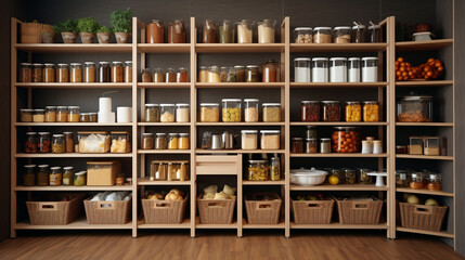 Home storage area with organized management, home interior design pantry shelf and storage for storing food and stuff in kitchen