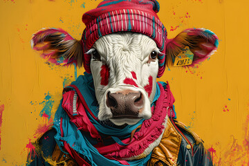 Colorful Cow in Beanie and Scarf Illustration