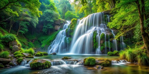 A beautiful scenic waterfall in a lush forest setting, waterfall, nature, scenery, landscape, flowing, serene, cascade, water, rocks, environment, peaceful, tranquil, beauty, outdoor