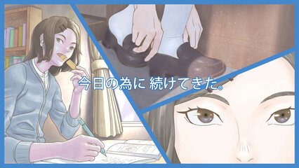 「受験当日の朝に今までの日々を思い出す受験生」_水彩塗り,copy space文言の例（コピー無しバリエーションも用意しましたが、購入者がコピーありを想定できる例）