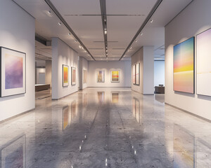 Obraz premium Elegant Avant Art Gallery space featuring modern algorithmic art in a clean, minimalist setting, celebrating the intersection of mathematics and artistic expression,