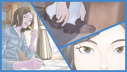 「受験当日の朝に今までの日々を思い出す受験生」_水彩塗り,キャッチコピーなし