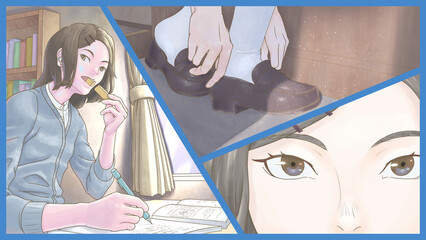 「受験当日の朝に今までの日々を思い出す受験生」_水彩塗り,顔の影色=暖色,キャッチコピーなし（肌の影色は暖色系の方を好む人もいるのでバリエーションを用意）