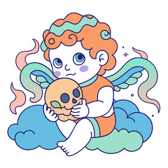Cherub holding a skull adorned with intricate floral patterns. Use a pastel color palette and include detailed flowers like roses and lilies wrapping around the skull and cherub
