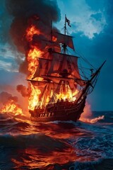 Obraz premium Ship on fire on the sea