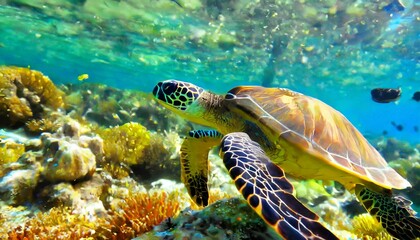 Fototapeta premium Underwater Wonders: Coral and Turtles in a Tropical Ocean Landscape