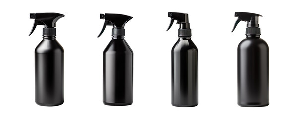 Collection set of Black plastic spray bottles isolated on transparent background
