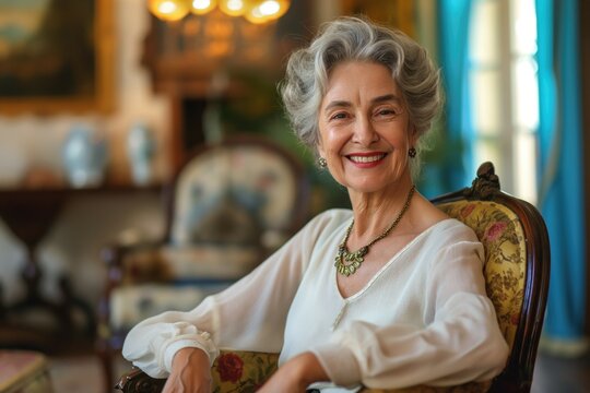 Elegant rich cheerful mature senior woman wearing accessories and happily aging smiling at camera during her retirement due to lucky investment