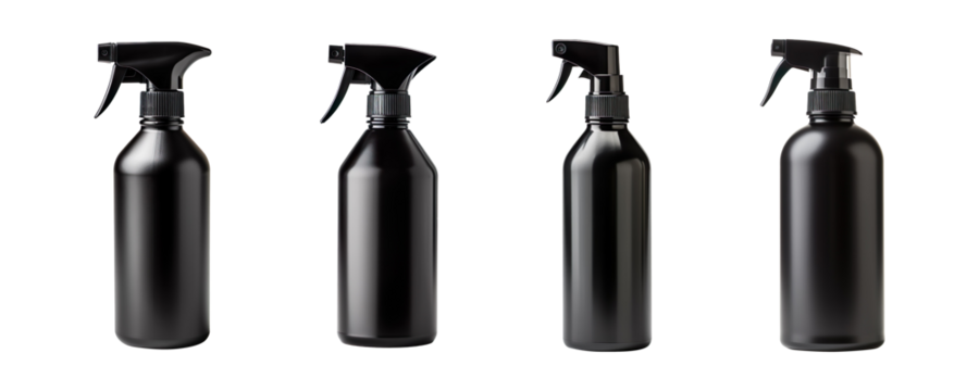 Collection set of Black plastic spray bottles isolated on transparent background