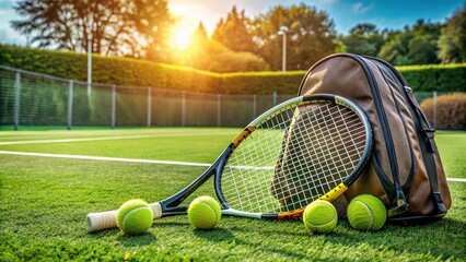 Tennis racket, balls, and a sports bag on a tennis court surrounded by fresh green grass,...