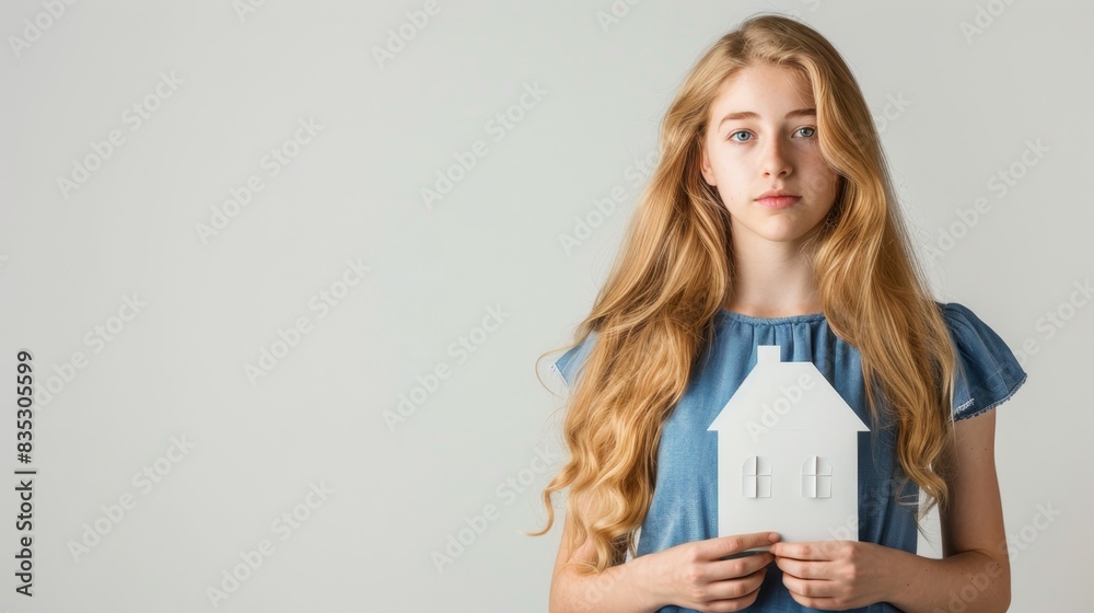 Wall mural the girl holding a house