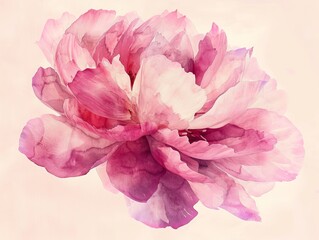 A pink watercolor peony with simple, minimalistic smooth edges set against a light background. The color palette includes shades of pink and purple, with watercolors creating pale, pastel
