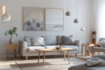 A contemporary living room with a Scandinavian design, featuring light wood furniture, a grey sofa, and minimalist decor.