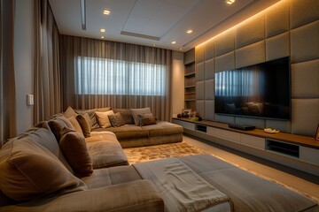 A contemporary living room featuring an accent wall with textured panels, a sleek sectional sofa, and a large flat-screen TV.