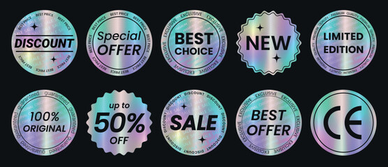 Set of color neon stickers, label with holographic effect. Isolated Shiny rainbow emblems Limited Edition, New, 50% off, Best Choice, offer, Sale, 100% original, Discount Vector illustration EPS10