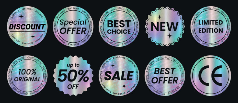 Set of color neon stickers, label with holographic effect. Isolated Shiny rainbow emblems Limited Edition, New, 50% off, Best Choice, offer, Sale, 100% original, Discount Vector illustration EPS10