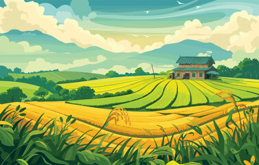 Illustrative Vector Art: Surreal Rice Fields - Digital Illustration of Artistic Landscape Illusions with Vibrant Greenery