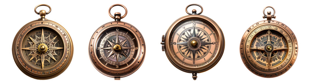 Collection set of Brass antique compass isolated on transparent background
