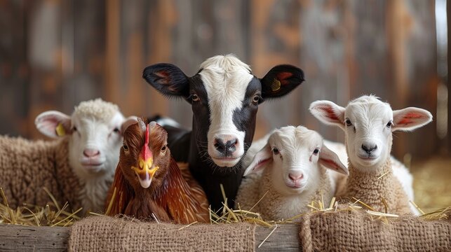 Farm animals with a chicken in rustic barn - Powered by Adobe