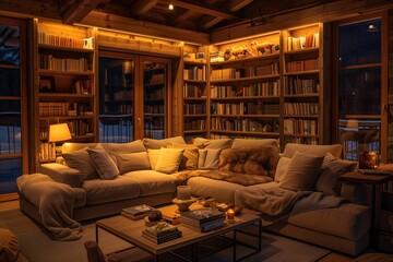 A cozy living room with warm lighting, a large sectional sofa, a wooden coffee table, and a bookshelf filled with books and decor items.