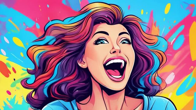 happy woman screaming smiling in joy extasy rainbow colorful comix cartoon iretro illustration animation advertisement style - 4K stock Video footage AI