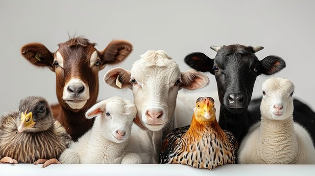 Group of farm animals on white background