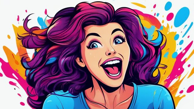 happy woman screaming smiling in joy extasy rainbow colorful comix cartoon iretro illustration animation advertisement style - 4K stock Video footage AI