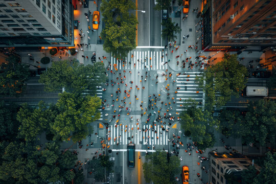 Crowd of people at the intersection bird's eye view