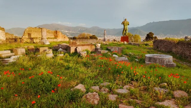 The Temple of Venus featuring the bronze statue of Daedalus, Pompeii, Naples, Campania, Italy, an ancient Roman city buried by Mount Vesuvius in 79 AD