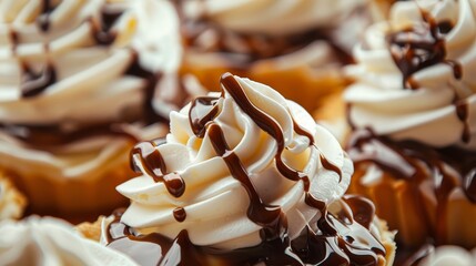 Close-up of delicious desserts featuring whipped cream and chocolate drizzle, highlighting the variety and richness of sweet treats. Perfect for food and culinary photography