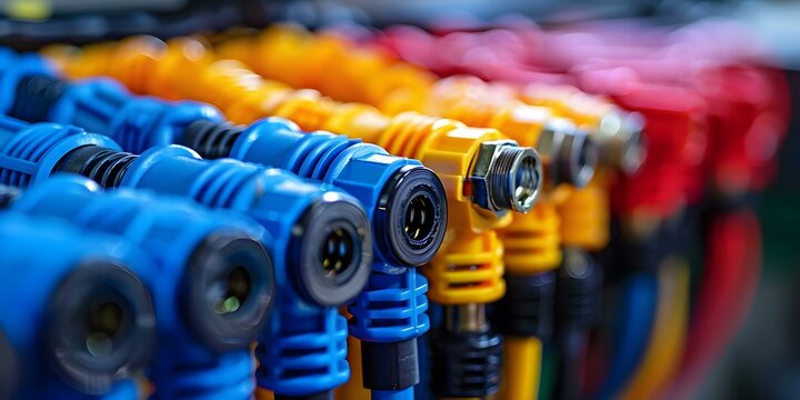 Colorful wire harness plastic connectors for automotive industry manufacturing. Concept Automotive Connectors, Wire Harness Manufacturing, Plastic Components, Colorful Design, Industry Standards