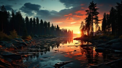 Fototapeta premium A tranquil scene of dawn over a still lake surrounded by pine trees