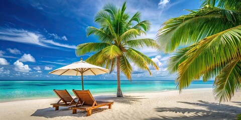 Tropical beach scene with lounge chair, natural umbrella, and palm trees by the light blue sea, beach, tropical, landscape, sea, sky, palms, lounge chair, umbrella, relaxation, vacation