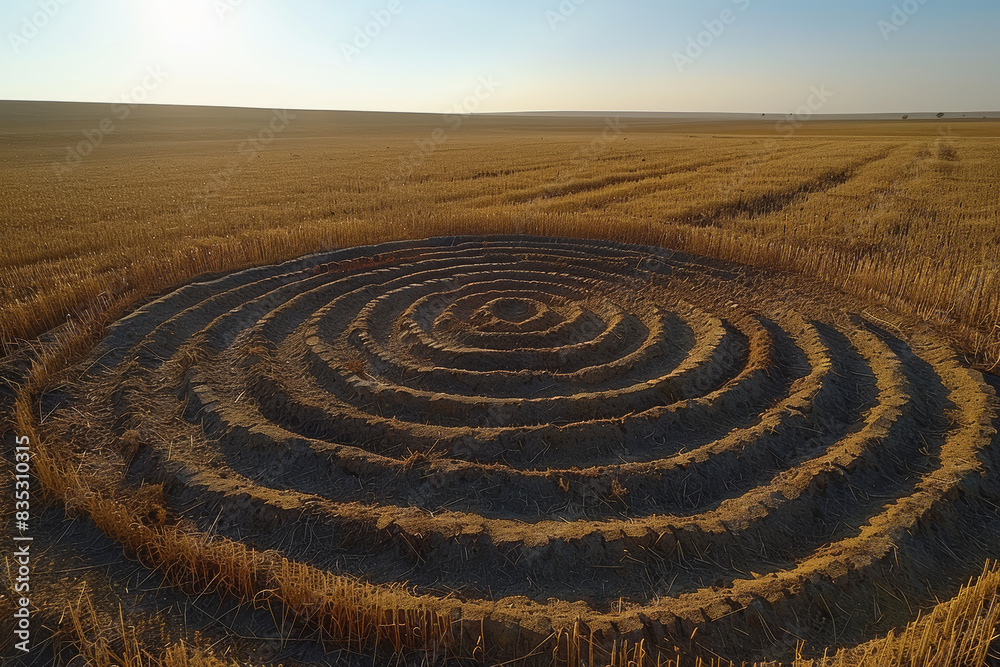 Poster a large, precise, and unexplained circular formation on the ground. concept of crop circles and anci