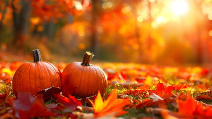Autumn background with pumpkins and red leaves on grass at sunset. Soft sunlight in forest, autumn nature concept
